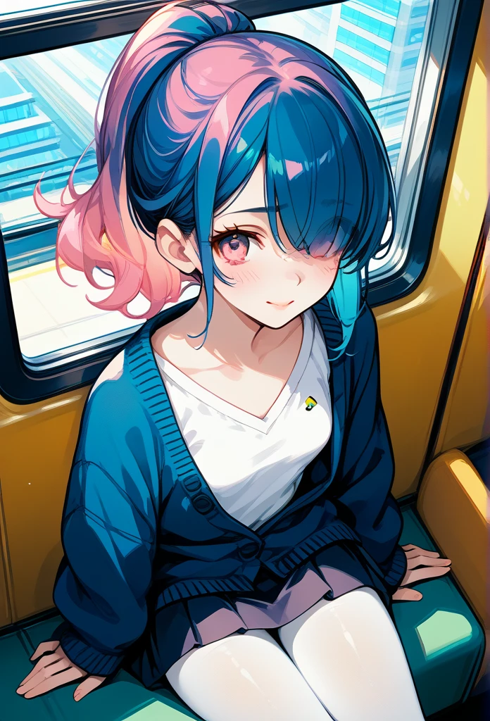 mature woman, mature face, pink eyes, shy expression, shy face, nervous smile, glossy lips, ponytail hair, (blue hair color, pink gradient hair color, azure color hair), bangs covering left eye, left blinding bangs hairstyle, mature body, small breasts, dark blue cardigan, open cardigan, white shirt, short skirt, navy color skirt, pantyhose, sitting in train, bullet train, tokyo through windows, windows behind, above view