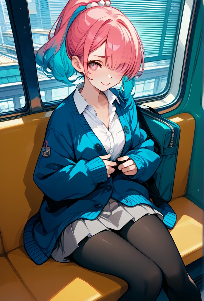 mature woman, mature face, pink eyes, shy expression, shy face, nervous smile, glossy lips, ponytail hair, (blue hair color, pink gradient hair color, azure color hair), bangs covering left eye, left blinding bangs hairstyle, mature body, small breasts, dark blue cardigan, open cardigan, white shirt, short skirt, navy color skirt, pantyhose, sitting in train, bullet train, tokyo through windows, windows behind, above view