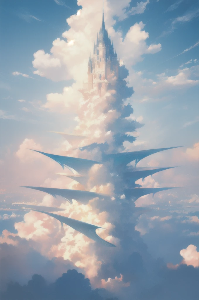 Gently illustration, Soft atmosphere, Pastel colored pencil illustrations, Surreal, meticulously made, Ultra-high quality, Ultra Detailed, landscape, Sky, cloud,Sky, architecture, Sky Palace Castle,Looming,极好的landscape, Magnificent views, 在cloud端,Solitary