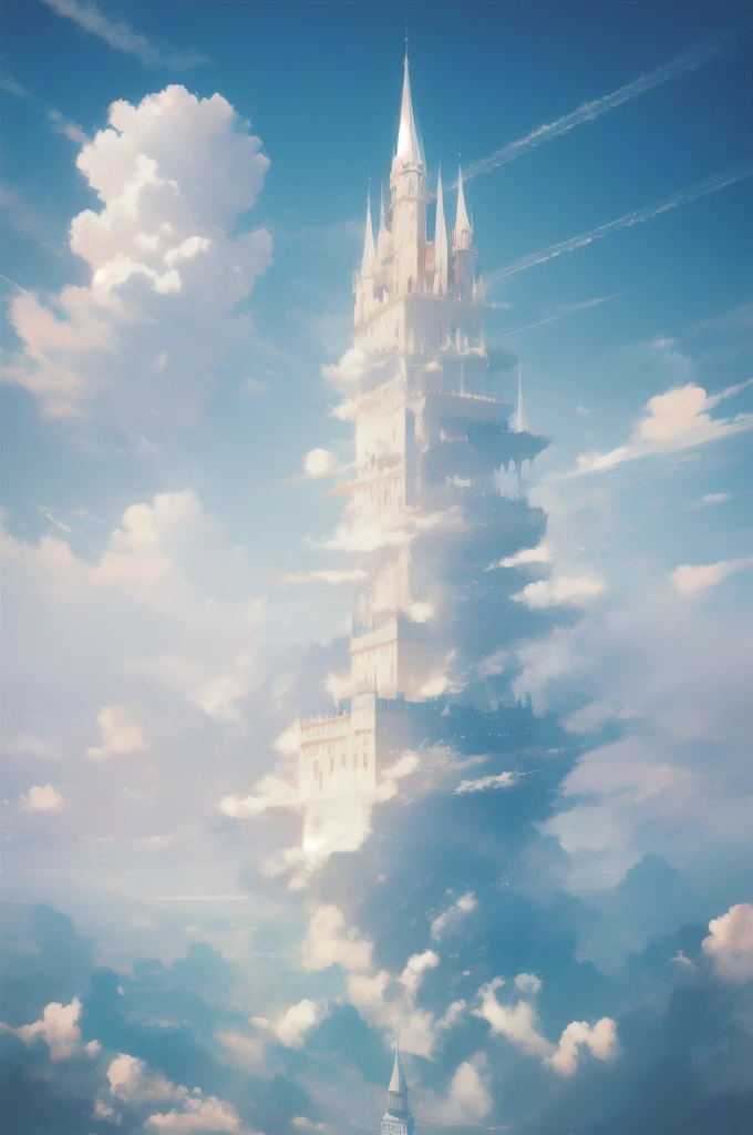 Gently illustration, Soft atmosphere, Pastel colored pencil illustrations, Surreal, meticulously made, Ultra-high quality, Ultra Detailed, landscape, Sky, cloud,Sky, architecture, Sky Palace Castle,Looming,极好的landscape, Magnificent views, 在cloud端,Solitary