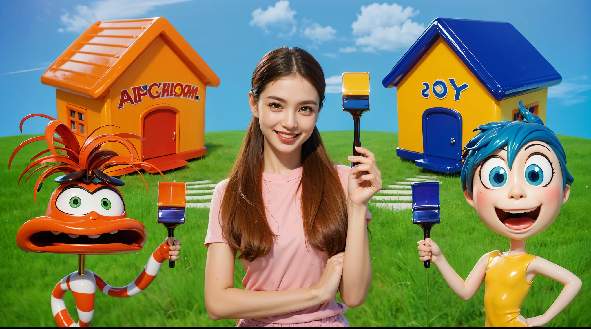 smooth beautiful grass like a carpet This image depicts glossy two toy-like houses situated on a grassy field under a clear blue sky. The house on the left is orange with red and yellow striped roof, featuring a simple, glossy square shape with sharp angles. It has a small, square window and a door, both framed in red. The house on the right is yellow with a vibrant blue roof. It also has a simple, square shape with distinct angles. The house has a blue-framed window and a door, complementing the glossy roof color. The glossy surfaces of both houses reflect light, giving them aglossy polished and shiny appearance, which enhances their vibrant and playful look.мультяшный рендеринг ключевого кадра, милый 3D рендеринг,,Create ultra sharp glossy цветной рендеринг zbrush. perfect cgi, cgi art created only with gradients, smooth silhouette, Create ultra sharp skin, high intensity refraction, (plastic material), most beautiful vfx, blue background, plastic refractions, glossy texture, smooth 3d model, multiple light sources, rim light, sharp post effects render, (glossy plastic texture with multiple big light probe refractions), perfect cgi, cgi art created only with gradients, smooth silhouette, high intensity refraction, (plastic material), most beautiful vfx, blue background