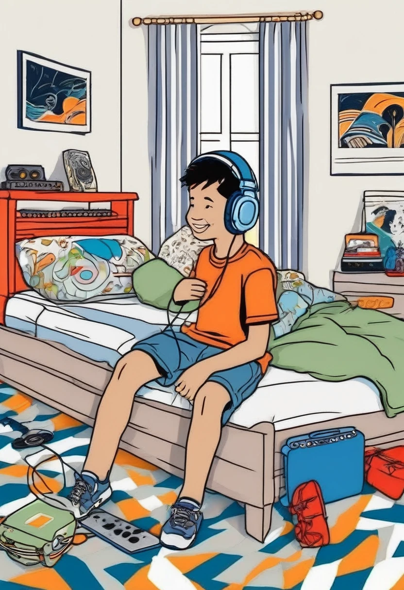 A boy enjoys music in his bedroom.