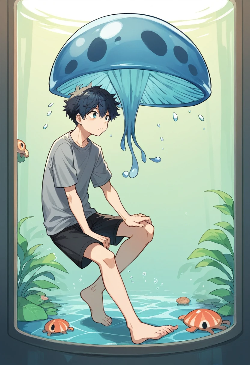 masterpiece, best quality, full body, (((1boy))), (wearing a grey shirt), (wearing a jellyfish hat), (Hair style: Boy Messy Japanese Round Haircut for Thick Hair), (black hair fading into blue hair), black shorts, ((solo)), fashionable,Under water, (in side tunnel aquarium),
