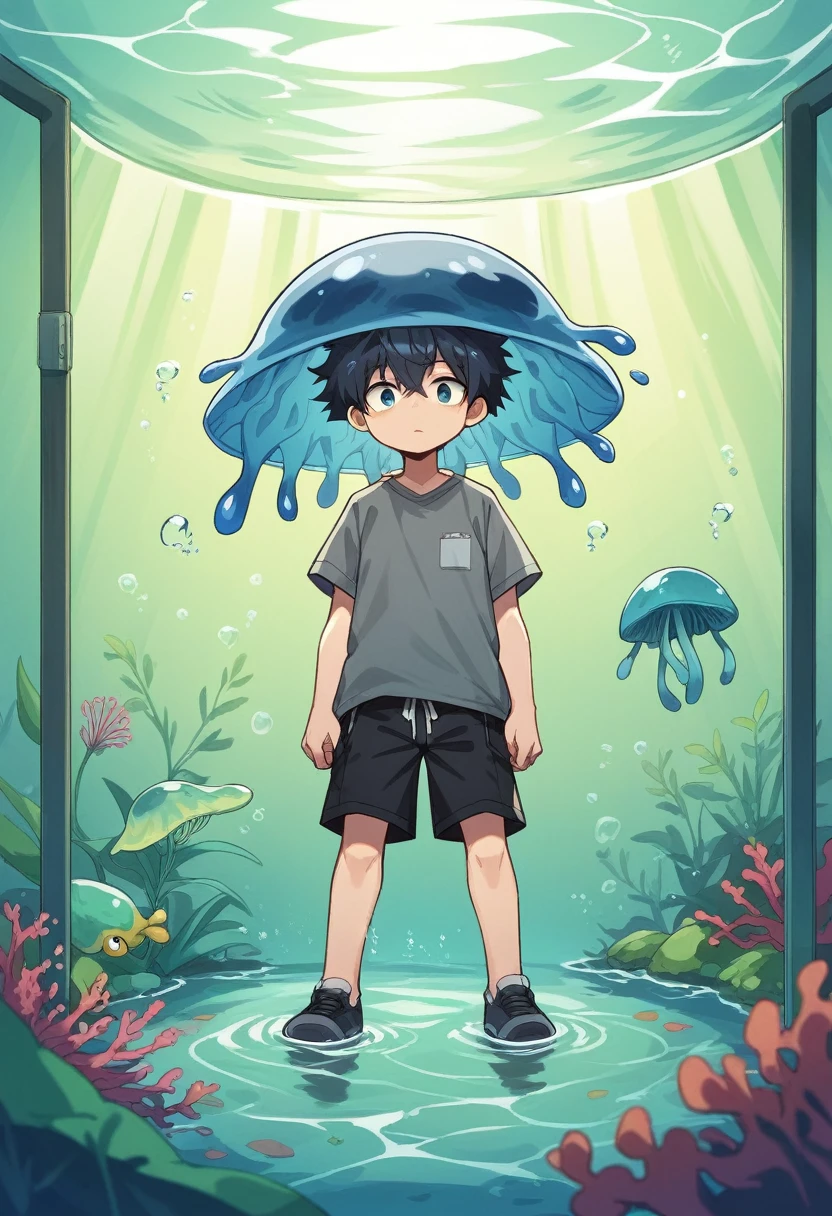 masterpiece, best quality, full body, (((1boy))), (wearing a grey shirt), (wearing a jellyfish hat), (Hair style: Boy Messy Japanese jellyfish hair cut for Thick Hair), (black hair fading into blue hair), black shorts, ((solo)), fashionable,Under water, (in side tunnel aquarium),