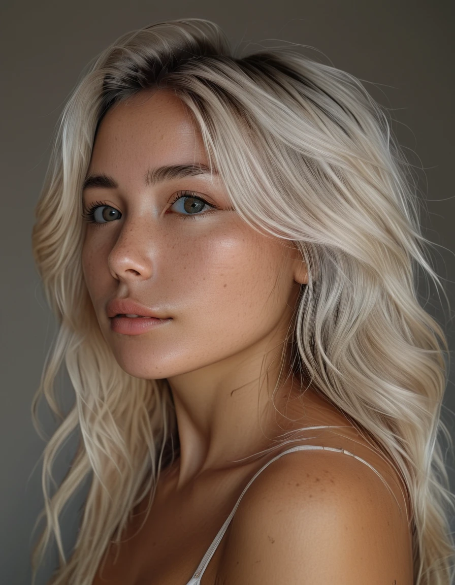 RAW photo of annkou, sexy posing, looking away from camera, Side profile angle, no tattoos on the skin, portrait, bionde, Realistic Skin Detail, (highly detailed skin:1.1), 4k hd, taken with Kodak portra 400