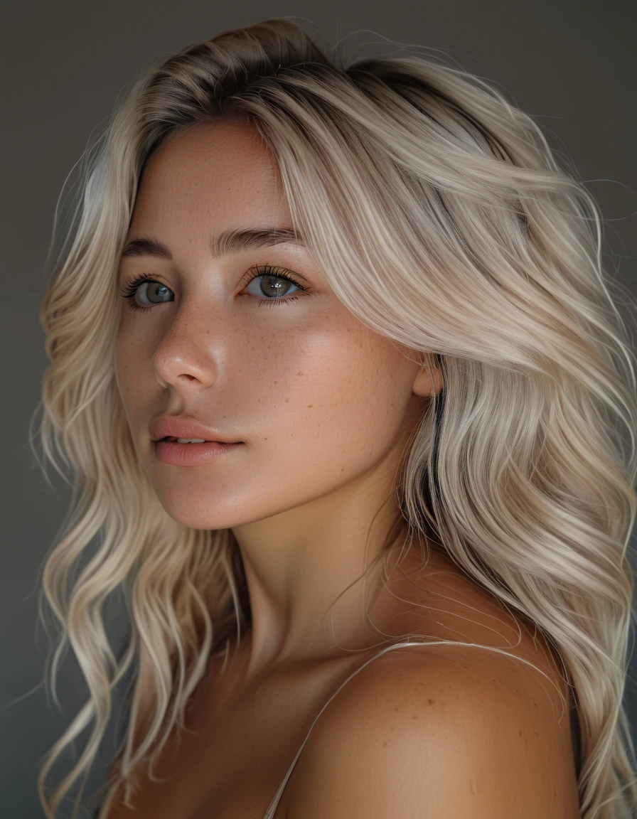 RAW photo of annkou, sexy posing, looking away from camera, Side profile angle, no tattoos on the skin, portrait, bionde, Realistic Skin Detail, (highly detailed skin:1.1), 4k hd, taken with Kodak portra 400
