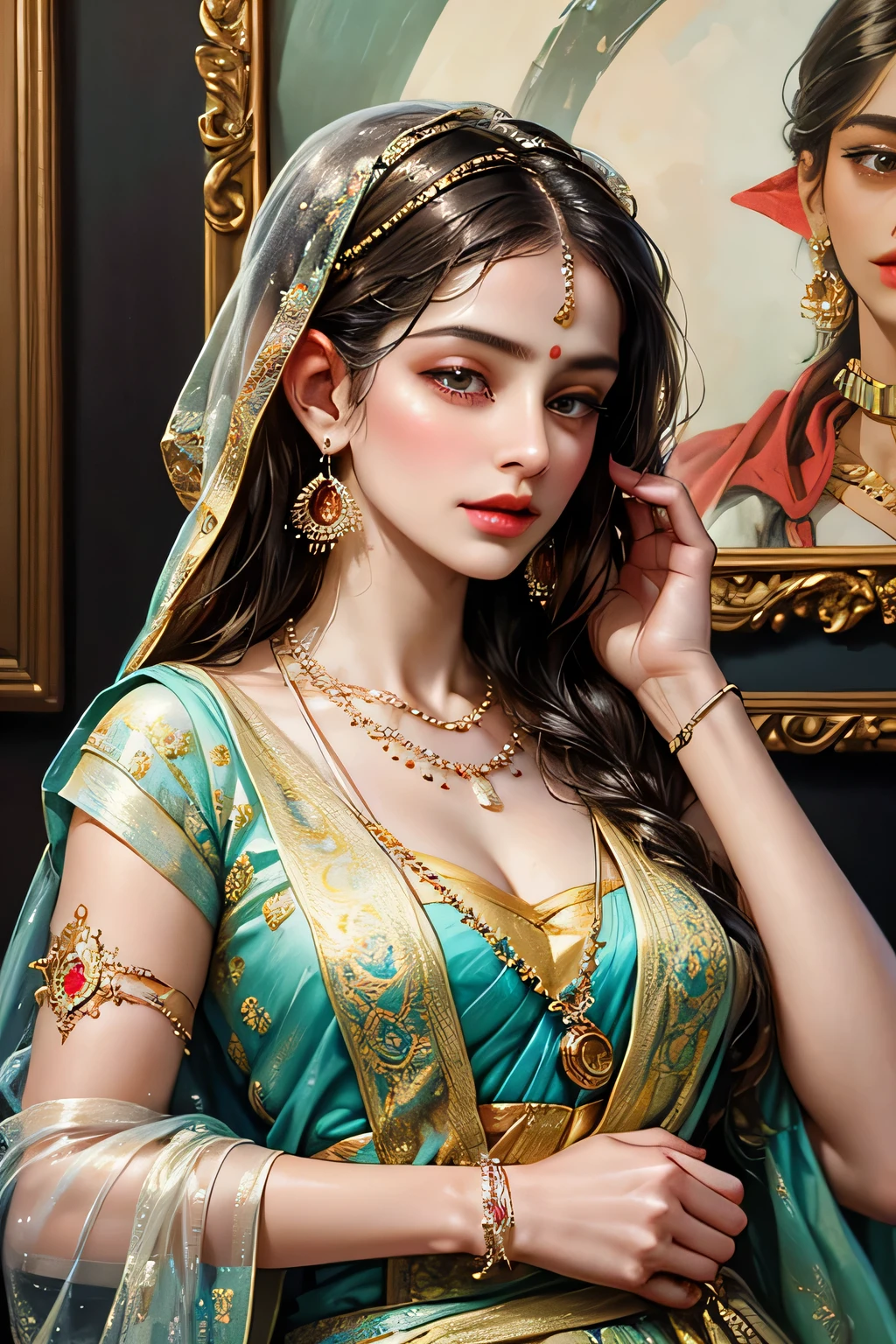 painting of a woman in a colorful sari with a necklace and earrings, beautiful character painting, painting of beautiful, indian art, traditional beauty, beautiful art uhd 4 k, beautiful digital artwork, very beautiful portrait, beautiful digital painting, detailed beautiful portrait, gorgeous woman, stunning digital painting, beautiful portrait, beautiful digital art, stunning portrait, beautiful gorgeous digital art, indian