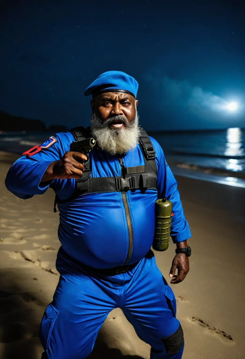 (a dark-skinned bearded fat old man in a bulky blue zipper diver suit) throwing a grenade in an empty night beach, carrying a gun in holster and (wearing army beret), muscular, Basuki Abdullah, sumatraism, action, a character portrait, heroic, fierce, angry