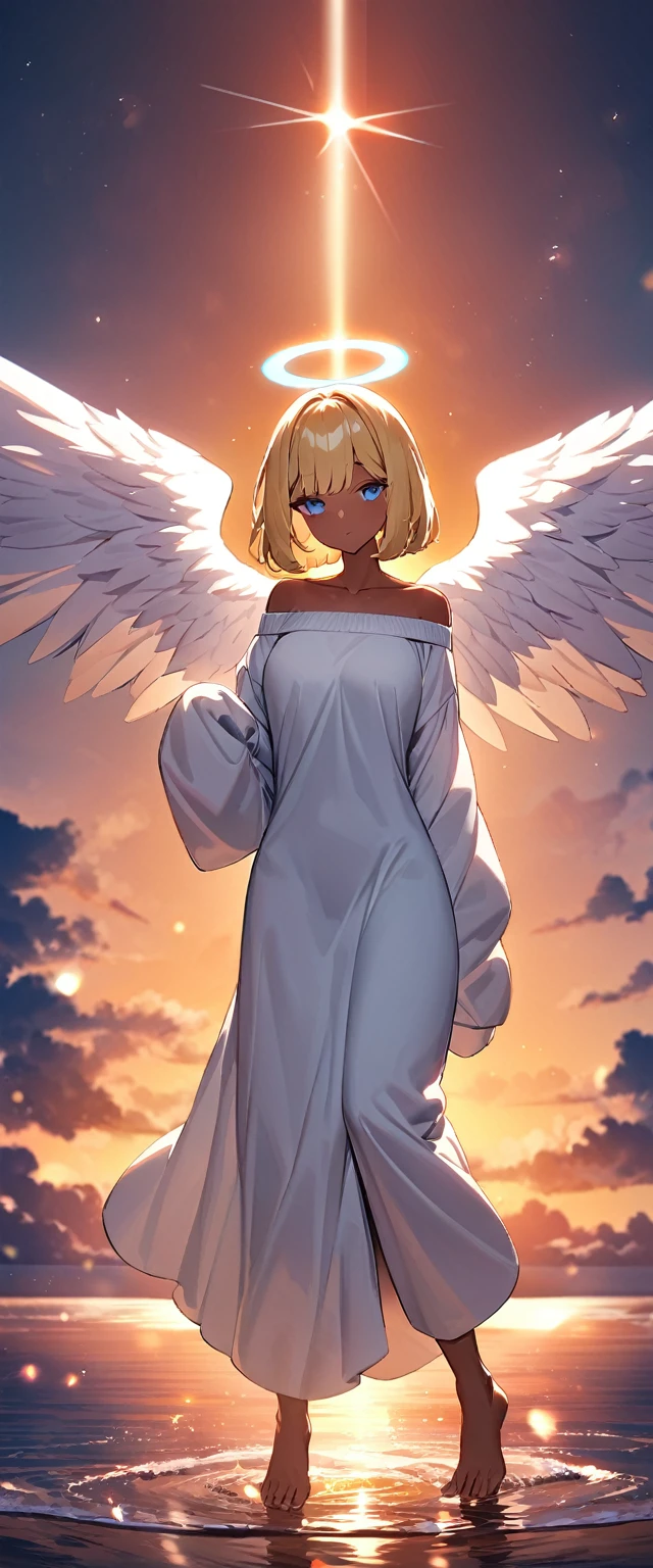 ((angel, big big white wings:1.2, halo:1.3)), full wing, full body, ((tanned skin:1.1)), flying in the sky, ((wavy hair)), evening, Sunset, sea, beach, ((blond hair, bob cut:1.3)), big breasts, teenager, (looking at viewer), oversized clothes, puffy long sleeves, collarbone, ((off-shoulder sweater:1.3, Quite thick shoulder straps)), (((sleeves past wrists:1.3))), ((white sweater)), collarbone, head tilt:1.3, (((blue eye))), ((happy smile)), (((anime style))), (best quality, 4K, 8K, highres, masterpiece:1.2, ultra-detailed, ultra-detailed eyes, HDR, uhd, studio lighting, ultra-fine painting, sharp focus, physically-based rendering, extreme detail description, professional, vivid colors, bokeh), ((Highest quality, Best image quality, Ultra-high resolution, Ultra-high resolution, solo, Strong eye highlights)), Depth of written boundary, Natural soft light, attractive, Beautiful Face, Cleanliness, Pure Face, medium chest, Beautiful Face, Perfect Fingers, Perfect hands, Perfect body, Perfect Face, Shine a light into your eyes, Perfect Anatomy