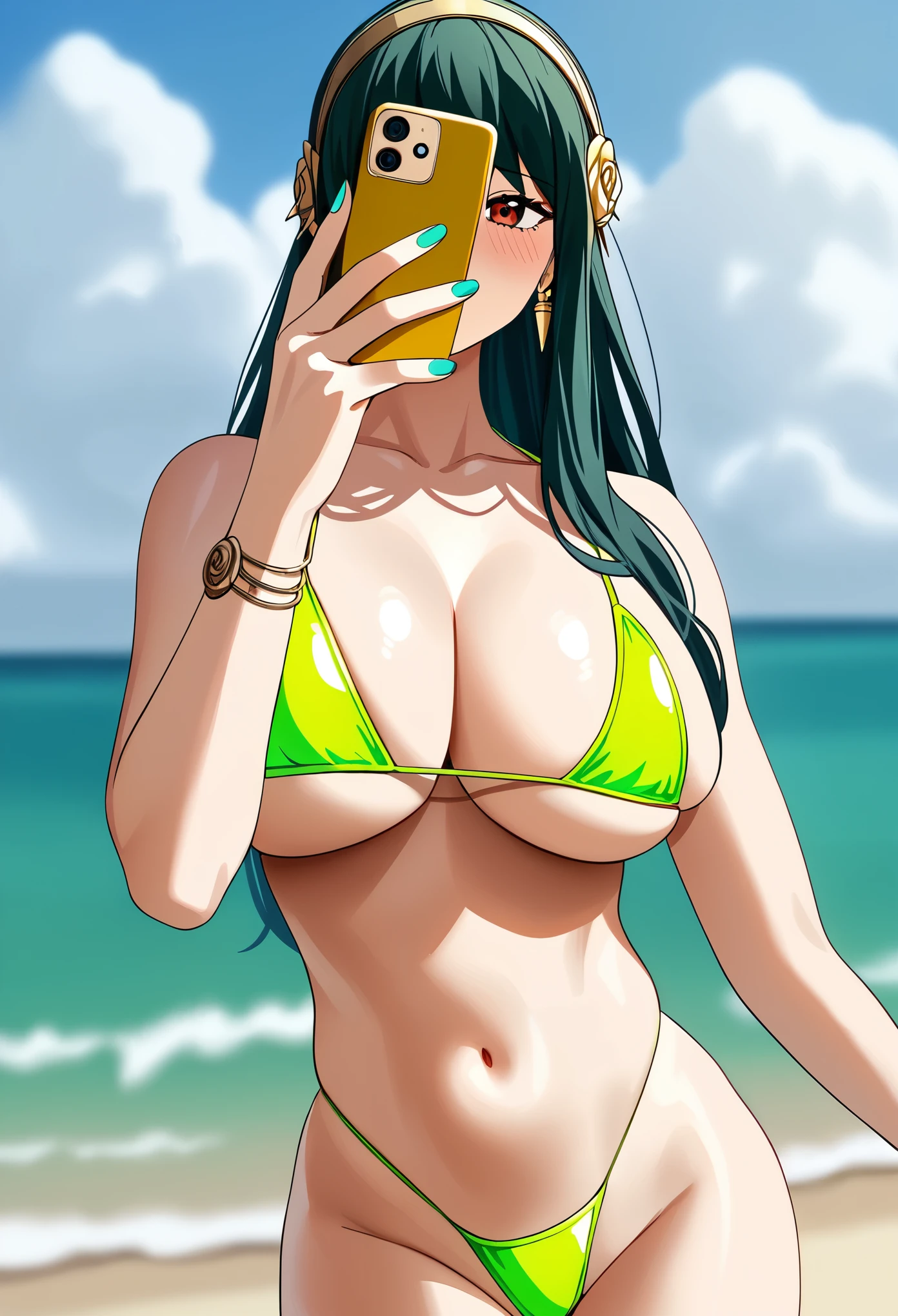 Masterpiece, best quality, 1girl, Yor briar, spy family x, neon Bikini, long hair, wide hips, busty, small waist, from front, taking a selfie at the beach , long hair