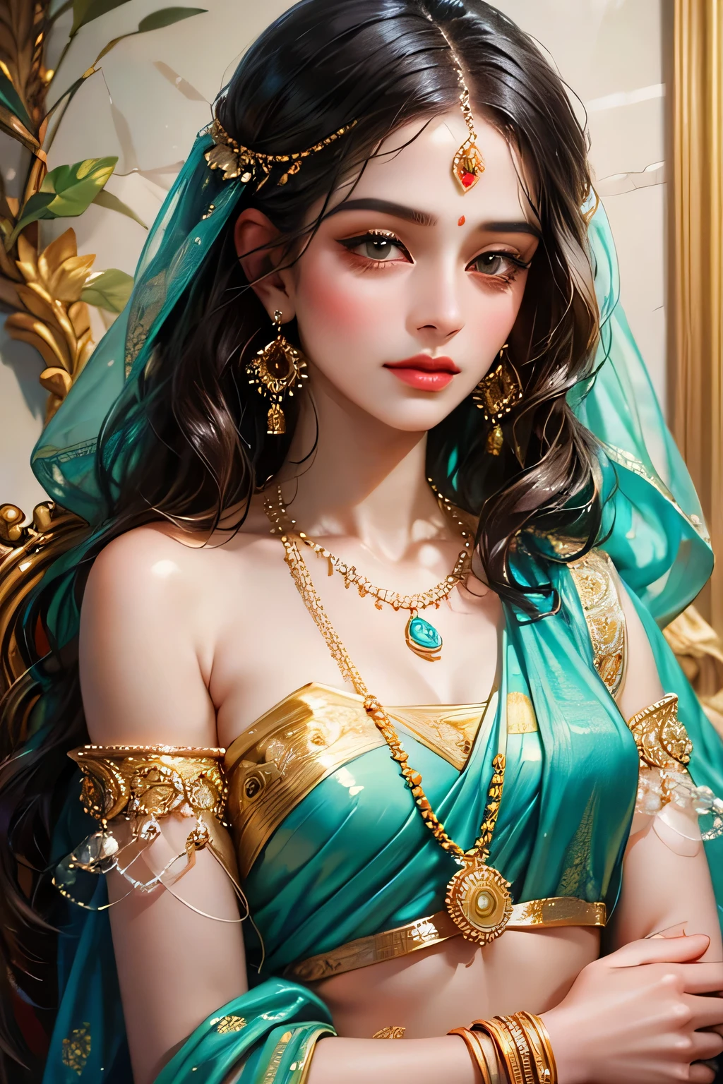painting of a woman in a colorful sari with a necklace and earrings, beautiful character painting, painting of beautiful, indian art, traditional beauty, beautiful art uhd 4 k, beautiful digital artwork, very beautiful portrait, beautiful digital painting, detailed beautiful portrait, gorgeous woman, stunning digital painting, beautiful portrait, beautiful digital art, stunning portrait, beautiful gorgeous digital art, indian