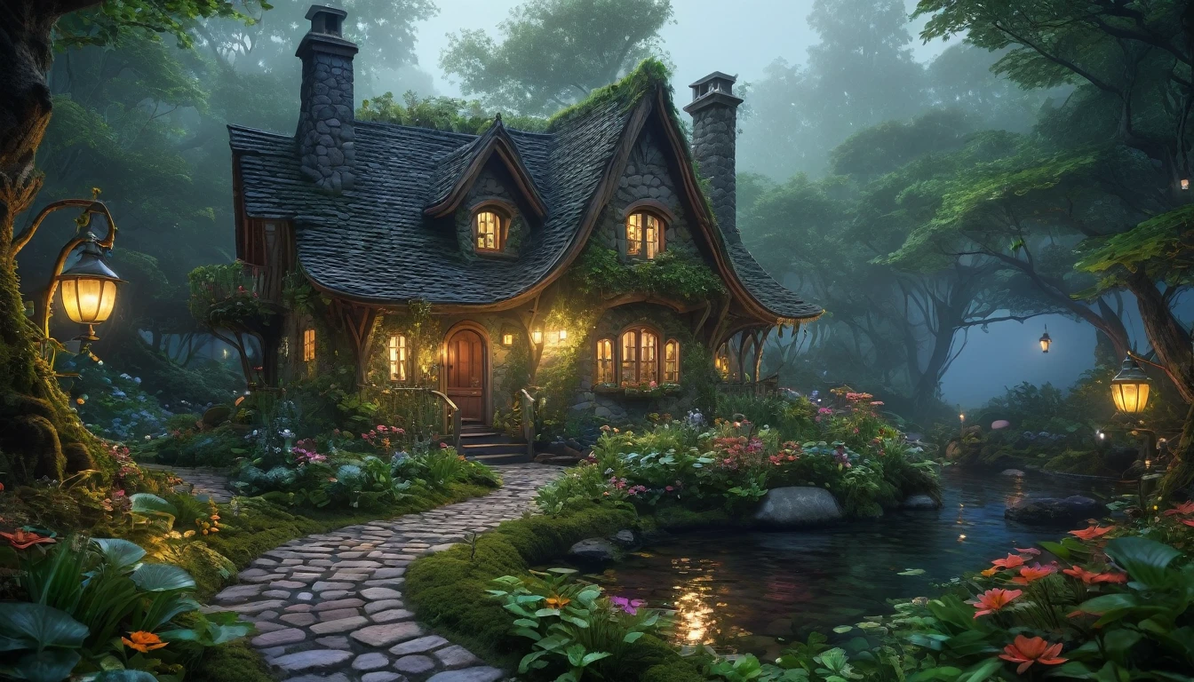 (best quality, 4k, 8k, highres, masterpiece:1.2), ultra-detailed, (realistic, photorealistic, photo-realistic:1.37), Cozy witch cottage deep in in the middle of a dense forest, enchanted forest, Comes with a bouncing mushroom roof, whimsical treehouses, lush greenery, sparkling waterfalls, fairy lights, dainty flowers, serene atmosphere, fairy dust, ethereal beings, peaceful lakeside, cobblestone pathways, celestial stars, stunning architecture, mystical fog, harmonious colors, surreal ambiance, fairytale-like cottages, whispering winds, dream-like, imagination, tranquil haven, nocturnal magic, dense foliage, thick trees, overgrown vegetation, secluded, deep woods, night, overcast sky, thick clouds covering the sky. Surreal, 8K, bright colors, Clear and sharp images