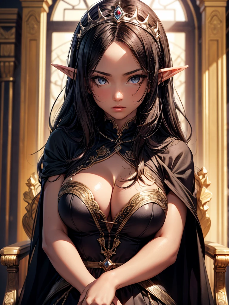 (masterpiece), (top-quality), sunset, natural lights, ,(realistic:1.5), 1girl, long brown hair, slim, looking to the site, elf princess, tiara, detailed medieval throne room in background, medieval_dress, cleavage, medium breasts, pointed ears, upper body, mid shot, masterpiece, detailed, mature, bright colors, high saturation, stunningly beaufiulf girl hazel eyes, black hair, punk hair, tanned, dark skin, africanamerican, precise hands, confident look、determined expression,, Clear eyes, Shining eyes,, ultra-definition, Top resolution, soft lightning sultry look, seductive,