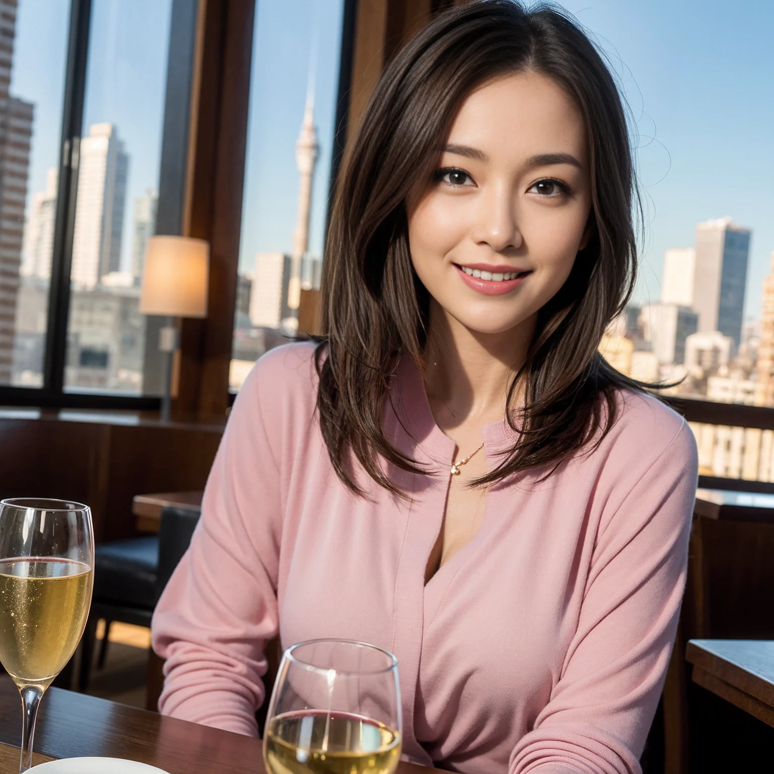 ((Highest quality、8K、masterpiece:1.3))、slimカップル、Pink rubber、modelカップル、(Realistic, Intricate details:1.2), full-course dinner、Wine Party、Amazing view of the sunset sky and clouds、A bright smile、The wonderfulness of smile、Bright image、The beauty of wine, Beautiful Face, blue eyes, The light shines on your face, Blushing, short hair,Bright Face、 (Age 37), 39 years old, red wine 、Appetizers、Italian food、Wine bottle、Champagne、sparkling wine、Two beauties、Brown Hair、Shortcuts、Long sleeve shirt、dress、Beautiful woman 1, (slimな顔), (The body is slim), (Brown Hair), (Shortcuts), cheeks turn a little red,Attractive beauty、restaurant, In a prominent place (From the waist up) Nova Frog Style, actress, model, Upper Body, White wine, slim, wine glass, 中央に置かれたwine glass, smile, (smile: 1.15), Beautiful fine grain, Depth f/2,saturation, High Contrast, Strong light and shadow,Moist Body:1.5、3D texture、Delicate eyes、Brown Hair、The hair is very shiny、