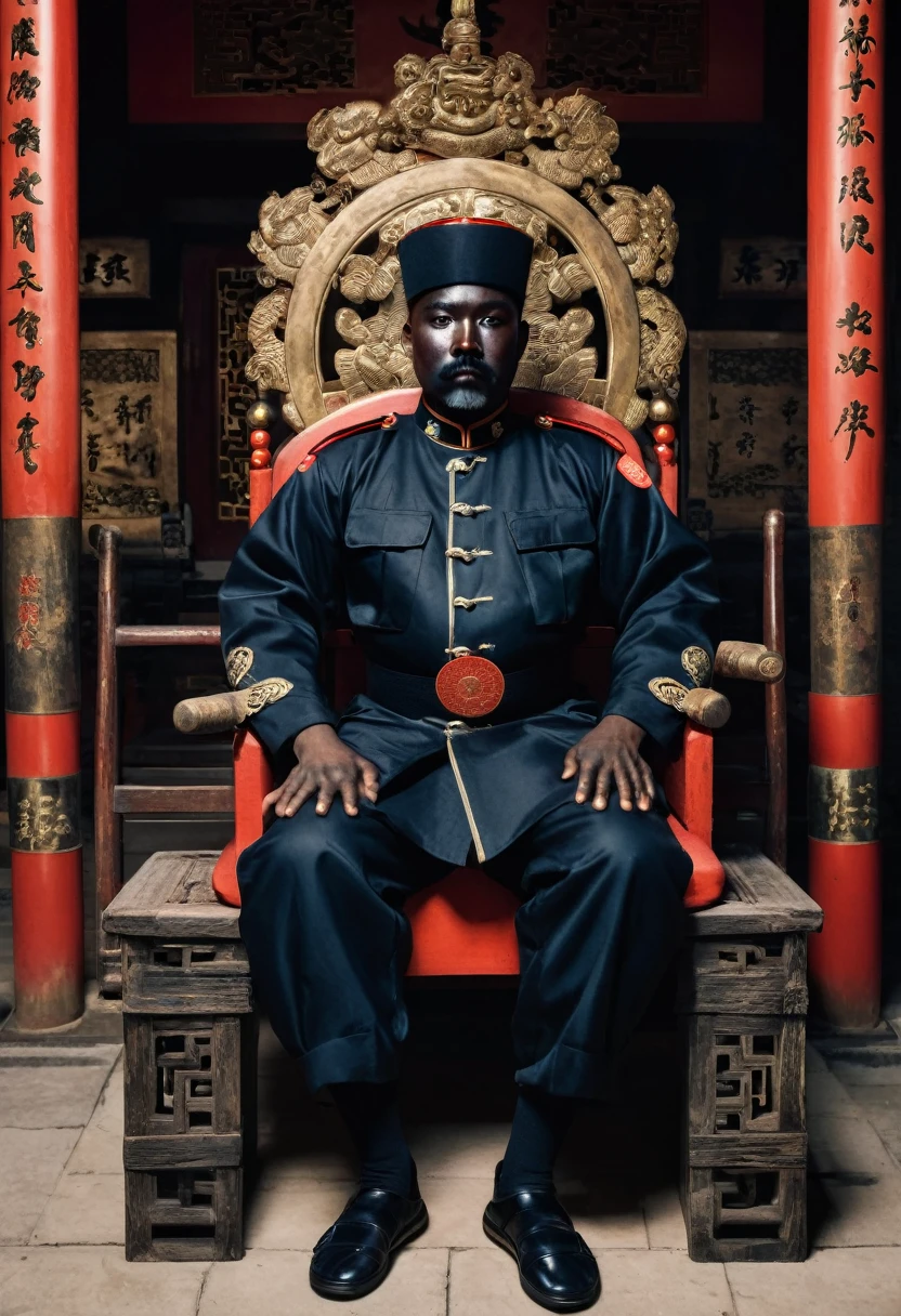 A man of Chinese descent, black face, black body, black hands, black feet, like a Negro, dressed in a Chinese guard uniform. On the throne of a Chinese shrine with execution equipment next to it.