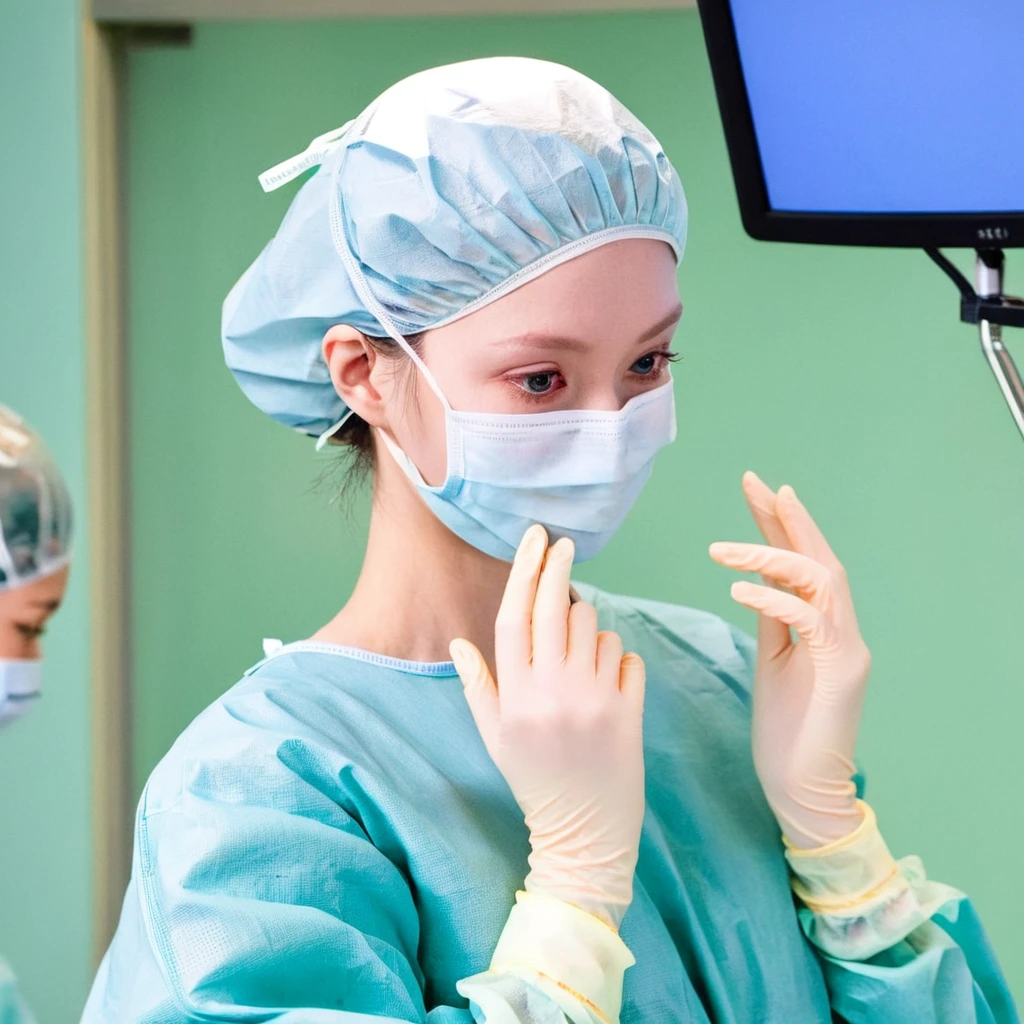 score_9,  score_8_up, score_7_up, masterpiece, highest quality, pale skin, shy eyes, cover the ears, big breasts, surgical mask, surgical cap, long sleeve surgical gown,
1 girl, solo, rubber gloves, frown,  standing, in one hospital, in the operating room,