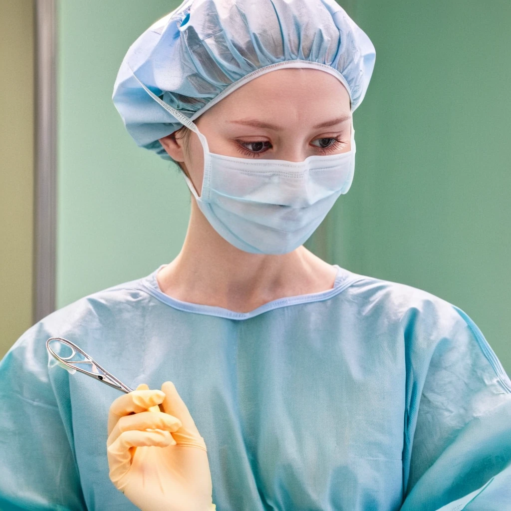 score_9, score_8_up, score_7_up, masterpiece, highest quality, pale skin, shy eyes, cover the ears, big breasts, surgical mask, surgical cap, long sleeve surgical gown,
1 girl, solo, rubber gloves, frown, standing, in one hospital, in the operating room,