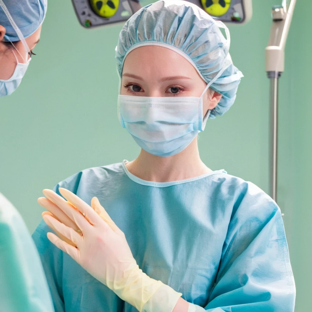 score_9,  score_8_up, score_7_up, masterpiece, highest quality, pale skin, shy eyes, cover the ears, big breasts, surgical mask, surgical cap, long sleeve surgical gown,
1 girl, solo, rubber gloves, frown,  standing, in one hospital, in the operating room,