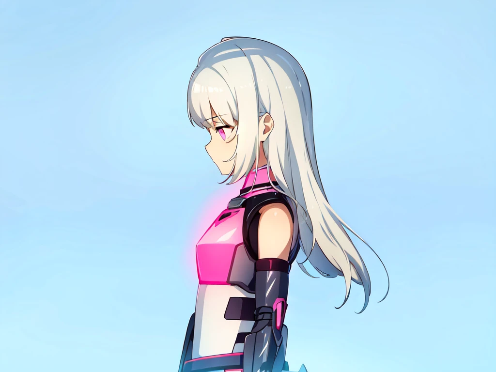 1girl, mecha musume, pink and black armor, light armor, standing, white hair, blue sky, pink eyes, long hair, looking away, looking at side,