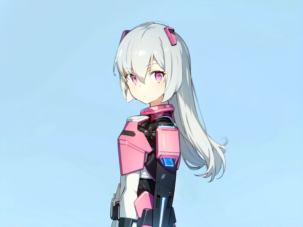 1girl, mecha musume, pink and black armor, light armor, standing, white hair, blue sky, pink eyes, long hair, looking away, looking at side,