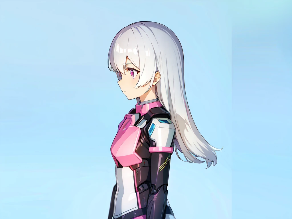 1girl, mecha musume, pink and black armor, light armor, standing, white hair, blue sky, pink eyes, long hair, looking away, looking at side,