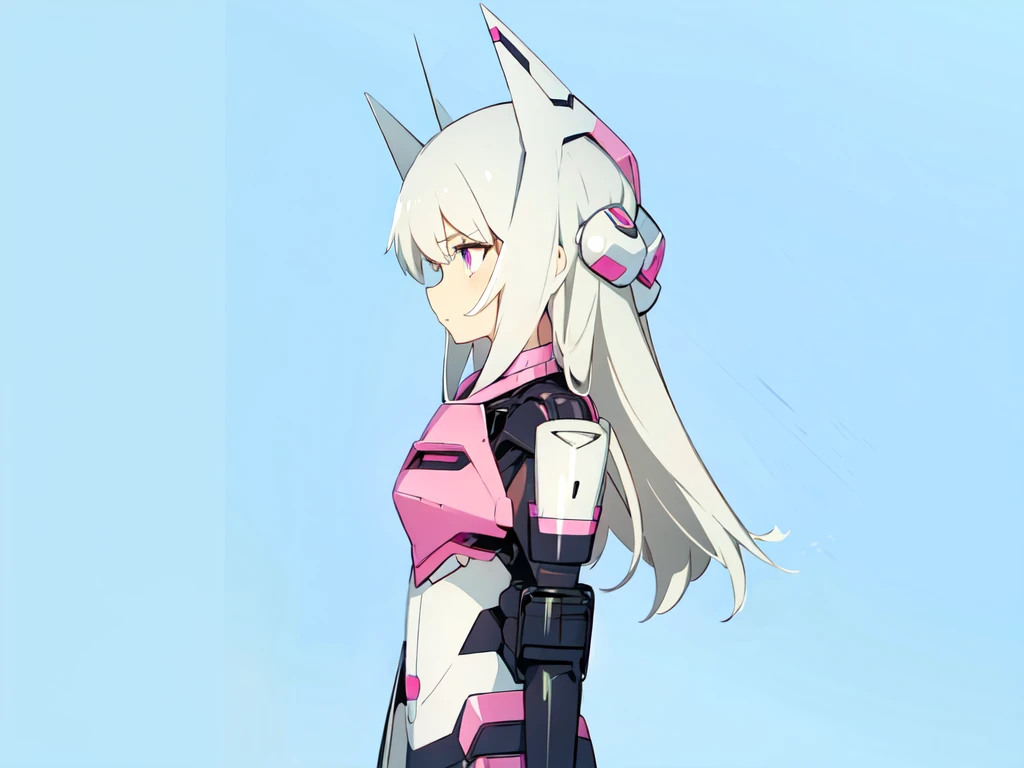 1girl, mecha musume, pink and black armor, light armor, standing, white hair, blue sky, pink eyes, long hair, looking away, looking at side,