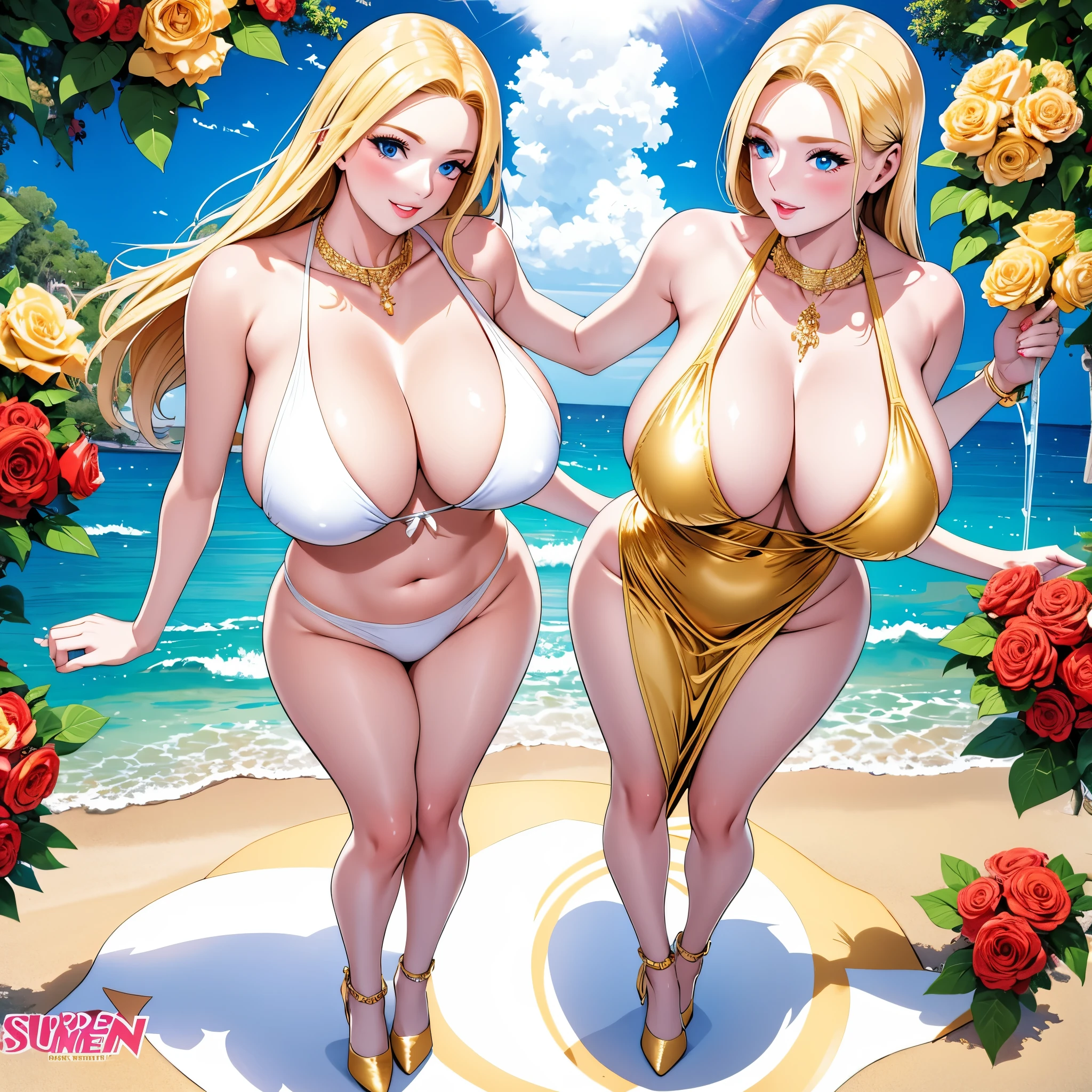 An extremely beautiful stunning busty woman, with gold blonde long silky hair, big blue eyes, extremely super bright snow white fair stunning flawless glowing lush shiny flawless white skin, a perfect tight hourglass figure, and a skinny waist, sexy thick smooth luscious legs and thighs, extremely cute smile on the face, bright pink blushes on cheeks, wearing a short sexy tight revealing white sexy bikini with threadsr, yellow heels, gold necklace on the neck, gold anklets on feet, gold chain on the waist, standing straight, holding a red roses bouquet, beach in the background, show full body from head to feet.