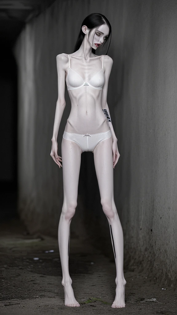 a woman, very thin body, body visible bones, very slender, pale white skin, sweaty wet  body, panties, bra,tatto, full body, has a mental breakdown in an underground prison