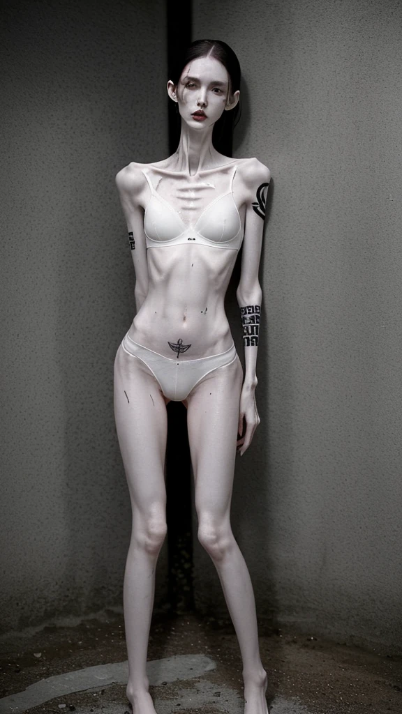a woman, very thin body, body visible bones, very slender, pale white skin, sweaty wet  body, panties, bra,tatto, full body, has a mental breakdown in an underground prison