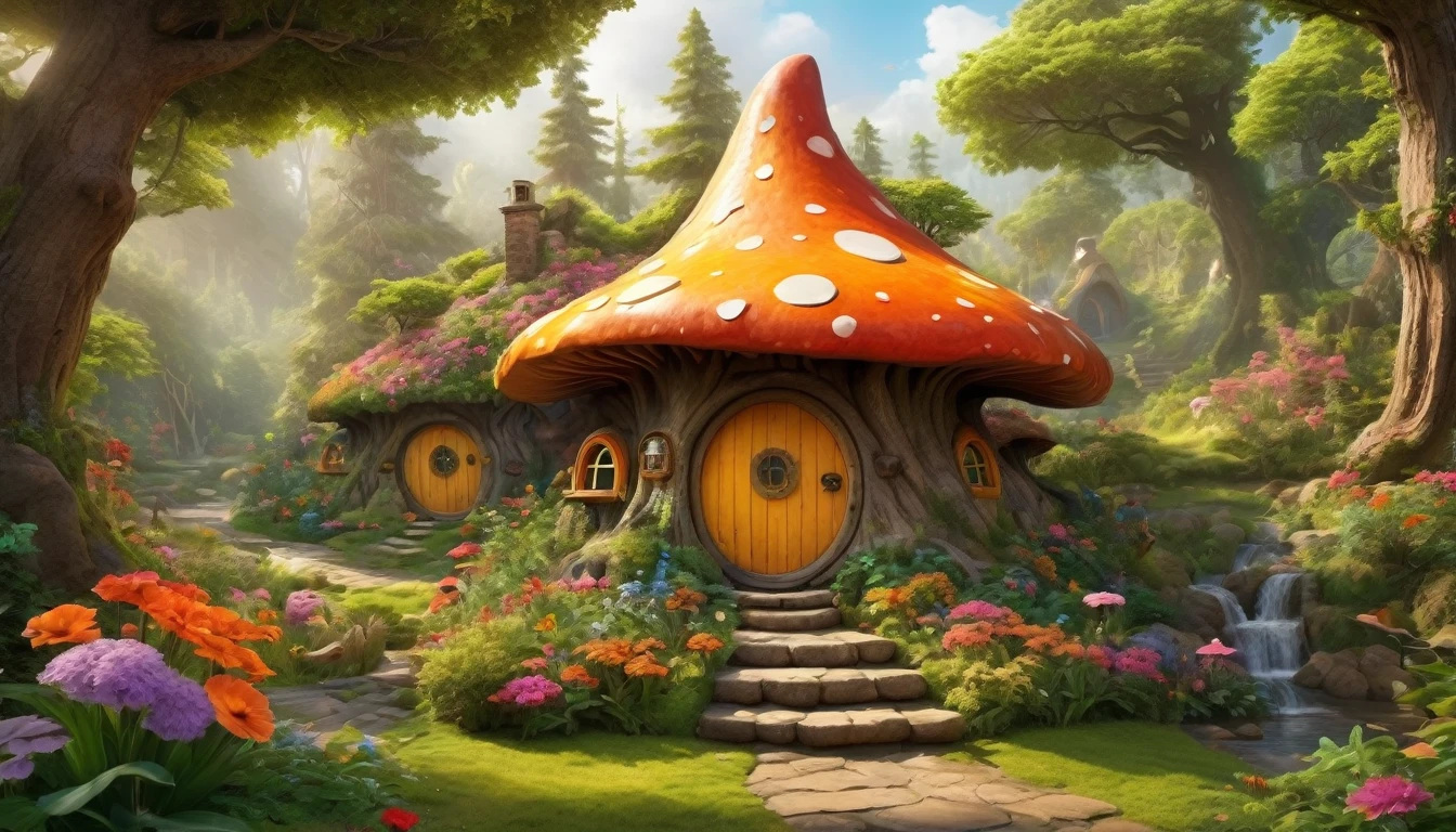 (Mysterious fantasy forest,Dense trees,A strange and cute little tree:1.5),Hobbit Cottage, It is vividly depicted in the work (Best quality, 8K, Advanced resolution, Masterpiece: 1.2), With ultra-detailed detail, (1.4x realism, Photorealistic: 1.37). This dream forest is made up of bright colors,bathed in the warm glow of the sun, Create a cheerful and whimsical atmosphere. The house is designed with great attention to detail, With a complex design and unique architecture, Similar to a mushroom-shaped house。 (This fantastic forest is surrounded by lush greenery and colorful flowers), Elevate a captivating and magical environment。 The artwork showcases an illustrative style, Inspired by children's book illustrations, Ensures a glamorous and nostalgic touch. The color palette consists of bright rainbow colors, Seven colors,Evoke feelings of joy and playfulness. Lighting accentuates the picturesque scene, Soft and warm shadows are created,Adds depth and warmth to the artwork. Every detail is impeccablely presented, creating a visually stunning masterpiece,Capture the essence of Fantasy Forest.