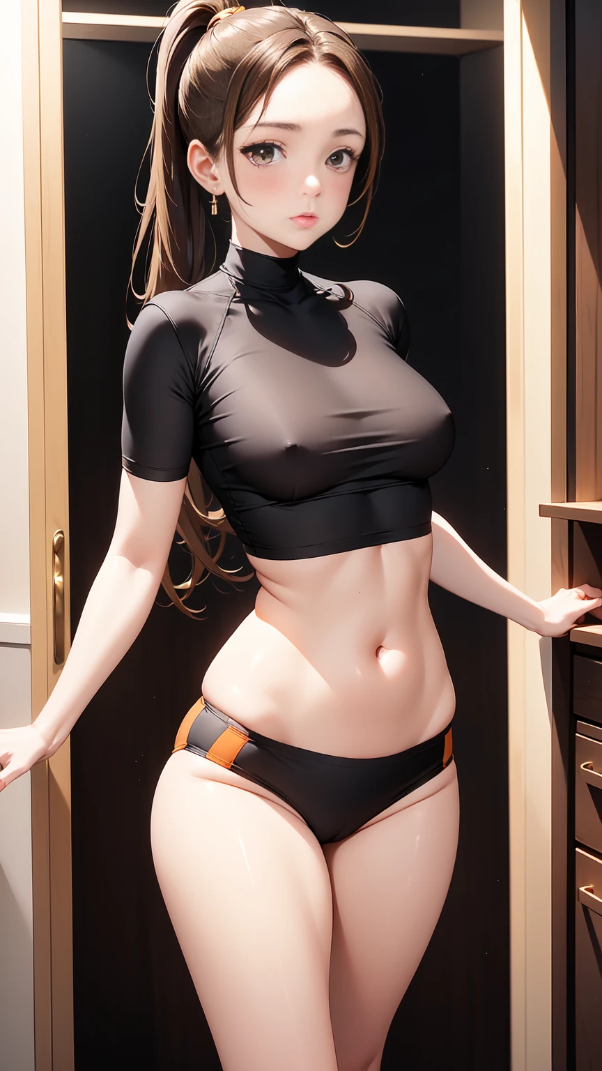 Beautiful woman with mid straight ponytail brown hair with brown eyes wearing Black Tight Leggings, Orange Sexy Mock Neck Short Sleeves Blouse,18k gold wedding ring on left hand, standing with cross-legged in her closet at night, (caucasian skin), (light brown lipstick), (elegant mascara), (slim body), (small breasts), (wide hips), midjourney, <lora:GoodHands-, <lora:GoodLegs-, UHD, high resolution, (expressive eyes, perfect face, full body, expressive face, perfect body, perfect pussy, athletic, fit, slim body, blushing, Perfect makeup, eyeliner, beautiful eyelashes, smiling, horny face), ((best illumination, best shadows)), ((sexy pose))