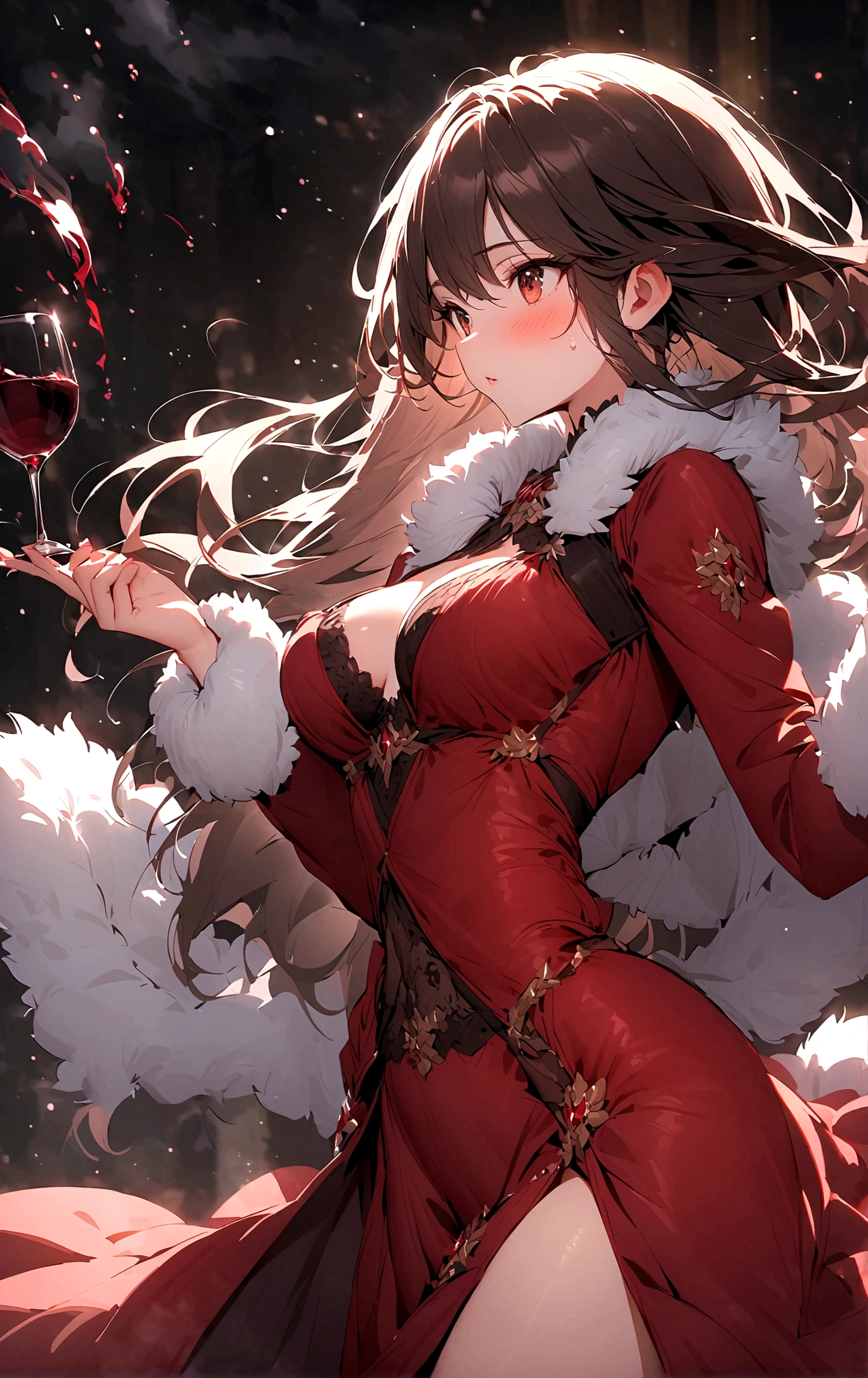 winter，Fur collar，one person，Snow Country，Long hair，Sexy，blush，Wind blowing through hair，wine