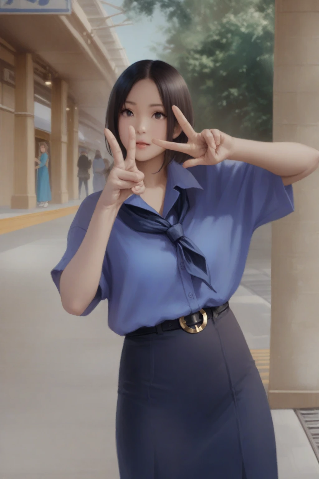 cute young girl,  (wearing cornflower-blue shirt short sleeves, navy-blue neckerchief, navy-blue pleated pencil long skirt, black belt with gold circle buckle, white socks), v sign gesture hand, both hands, train platform scenery, realistic anime illustration