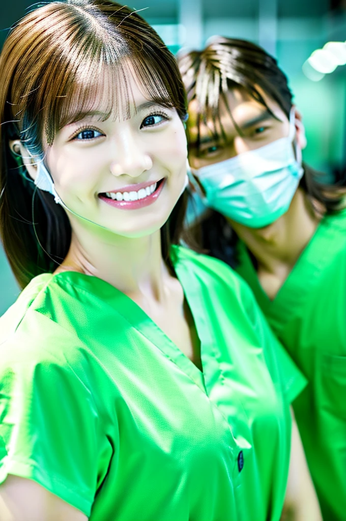 Male dentist and female dental hygienist　２people　A good business partner　日本people　Handsome Men and Beautiful Women　Wearing dark green scrubs　Upper body close-up　high resolution　high resolution　Highest quality　Visiting the clinic
