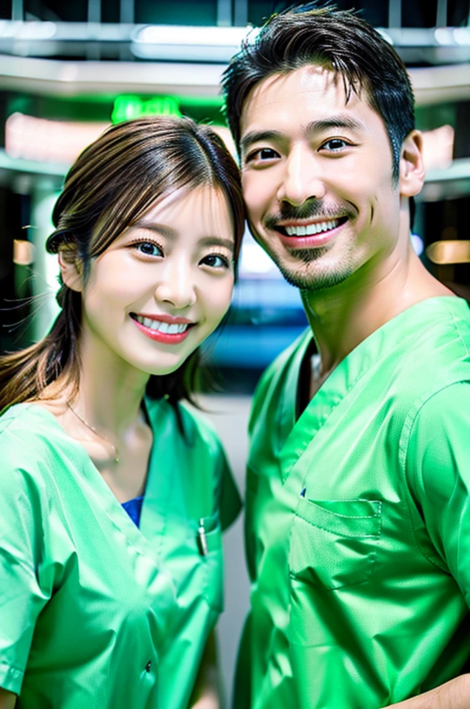 Male dentist and female dental hygienist　２people　A good business partner　日本people　Handsome Men and Beautiful Women　Wearing lime green medical scrubs　Upper body close-up　high resolution　high resolution　Highest quality　smile