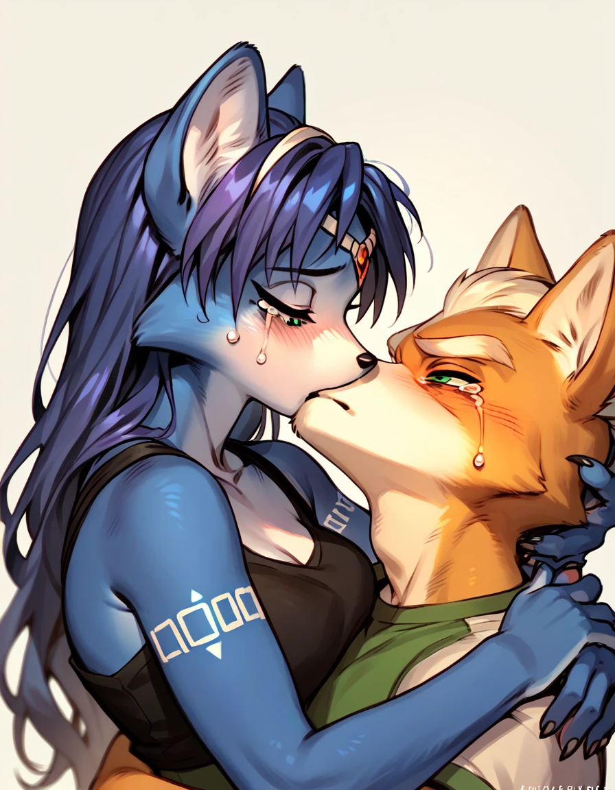 score_9, score_8_up, score_7_up, score_6_up, score_5_up, score_4_up, duo, 1boy, 1girl, duo, Fox Mccloud, Krystal swift, violet hair, hair, long hair, black eyeliner, black tank, crying, hug, kissing, rating_questionable