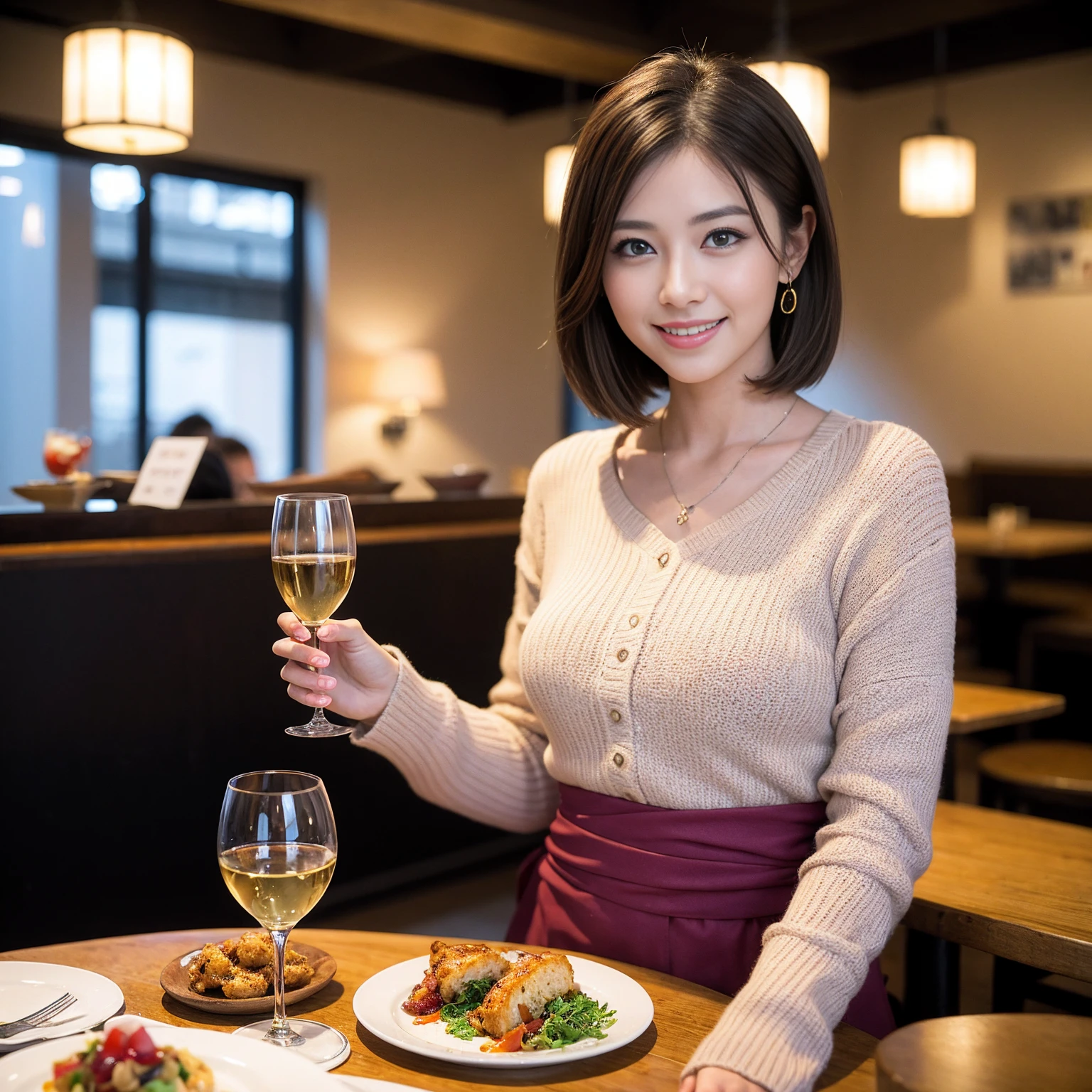 ((Highest quality、8K、masterpiece:1.3))、Yuuko Araki、slimカップル、Pink rubber、modelカップル、(Realistic, Intricate details:1.2), full-course dinner、Wine Party、Amazing view of the sunset sky and clouds、A bright smile、The wonderfulness of smile、Bright image、The beauty of wine, Beautiful Face, blue eyes, The light shines on your face, Blushing, short hair,Bright Face、 (Age 37), 39 years old, red wine 、Appetizers、Italian food、Wine bottle、Champagne、sparkling wine、Two beauties、Brown Hair、Shortcuts、Long sleeve shirt、dress、Beautiful woman 1, (slimな顔), (The body is slim), (Brown Hair), (Shortcuts), cheeks turn a little red,Attractive beauty、restaurant, In a prominent place (From the waist up) Nova Frog Style, actress, model, Upper Body, White wine, slim, wine glass, 中央に置かれたwine glass, smile, (smile: 1.15), Beautiful fine grain, Depth f/2,saturation, High Contrast, Strong light and shadow,Moist Body:1.5、3D texture、Delicate eyes、Brown Hair、The hair is very shiny、
