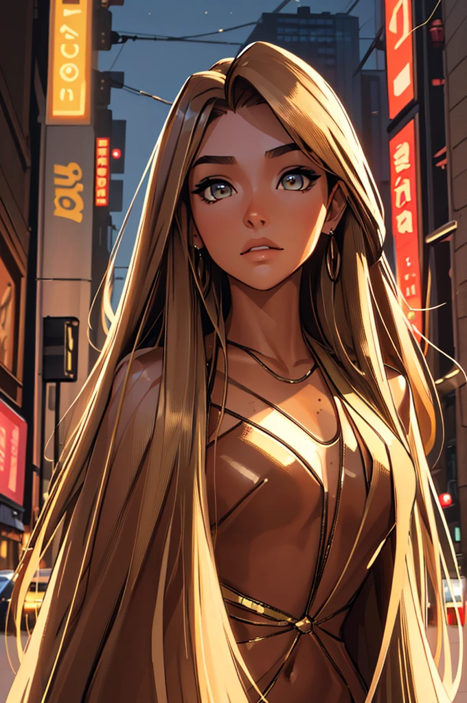 (best quality: 1.2), clean face, (masterpiece: 1.2, 8k)(PureErosFace_V1: 0.7), perfect anatomy, 1girl,a beautiful fashion model ,(masterpiece, official art, best quality) (hazel eyes) ,long and shiny hair, brown hair with blonde streaks in hair, long hair, full lips, upturned nose ((((tan skin, bronze skin, 1.3)))), big , lifstrangerachel looking at viewer, revealing outfit, absurdity, intricate details, city, dimanic pose, night, neon signs, cinematic lighting, (highly detailed skin: 1.2)
