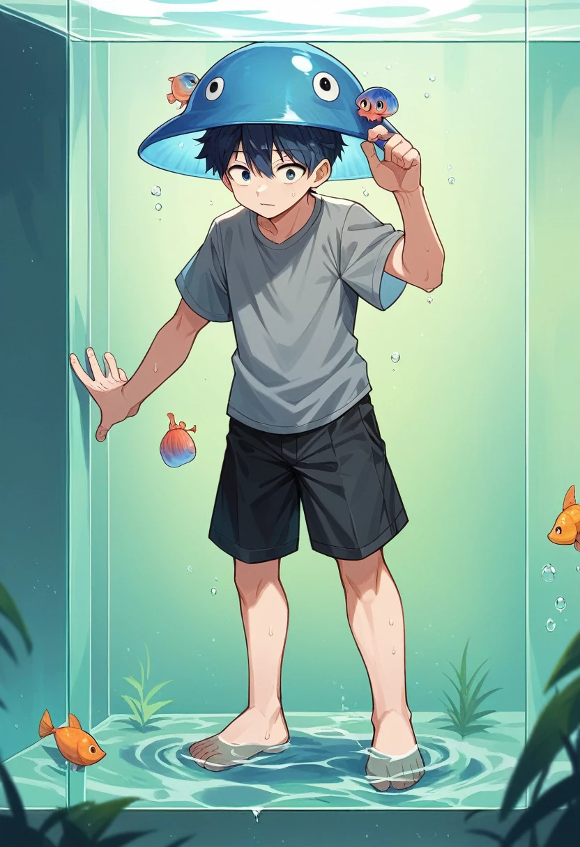 masterpiece, best quality, full body, (((1boy))), (wearing a grey shirt), (wearing a jellyfish hat), (Hair style: Boy Messy Japanese medium wolf cut for Thick Hair), (black hair fading into blue hair), black shorts, ((solo)), fashionable,Under water, (in side tunnel aquarium),