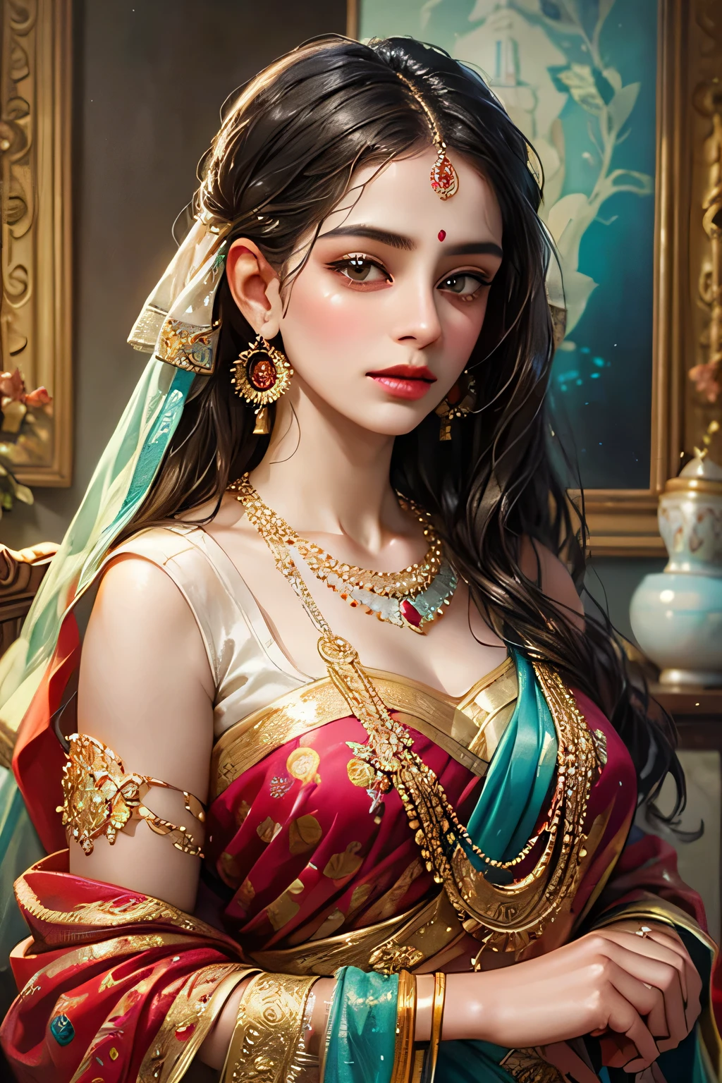 painting of a woman in a colorful sari with a necklace and earrings, beautiful character painting, painting of beautiful, indian art, traditional beauty, beautiful art uhd 4 k, beautiful digital artwork, very beautiful portrait, beautiful digital painting, detailed beautiful portrait, gorgeous woman, stunning digital painting, beautiful portrait, beautiful digital art, stunning portrait, beautiful gorgeous digital art, indian