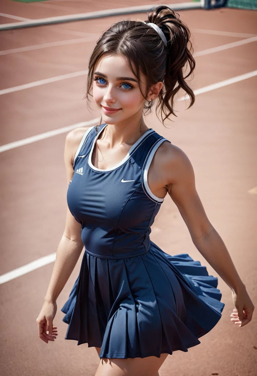 core_9, score_8_up, score_7_up, score_6_up, beautiful woman, cute face, shy, kinky smile, extreme ultra detailed perfect eyes, dark and deep blue eyes , Ponytail,20yo, nose blush, big breast, eyes contact,Wearing tennis dress,in outdoor,(head tilted) ,RAW photo,realistic,volumetric lighting, depth of field,cinematic,full body,full-body shot,