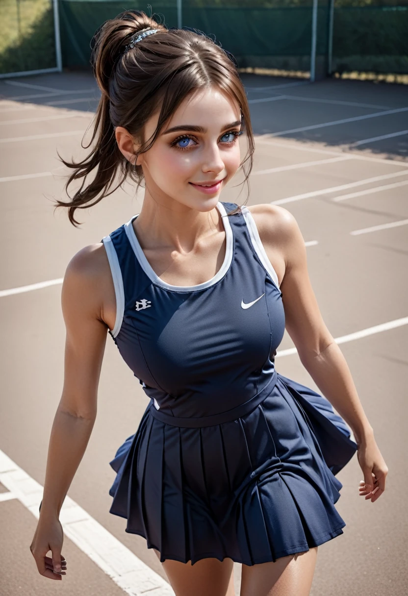 core_9, score_8_up, score_7_up, score_6_up, beautiful woman, cute face, shy, kinky smile, extreme ultra detailed perfect eyes, dark and deep blue eyes , Ponytail,20yo, nose blush, big breast, eyes contact,Wearing tennis dress,in outdoor,(head tilted) ,RAW photo,realistic,volumetric lighting, depth of field,cinematic,full body,full-body shot,