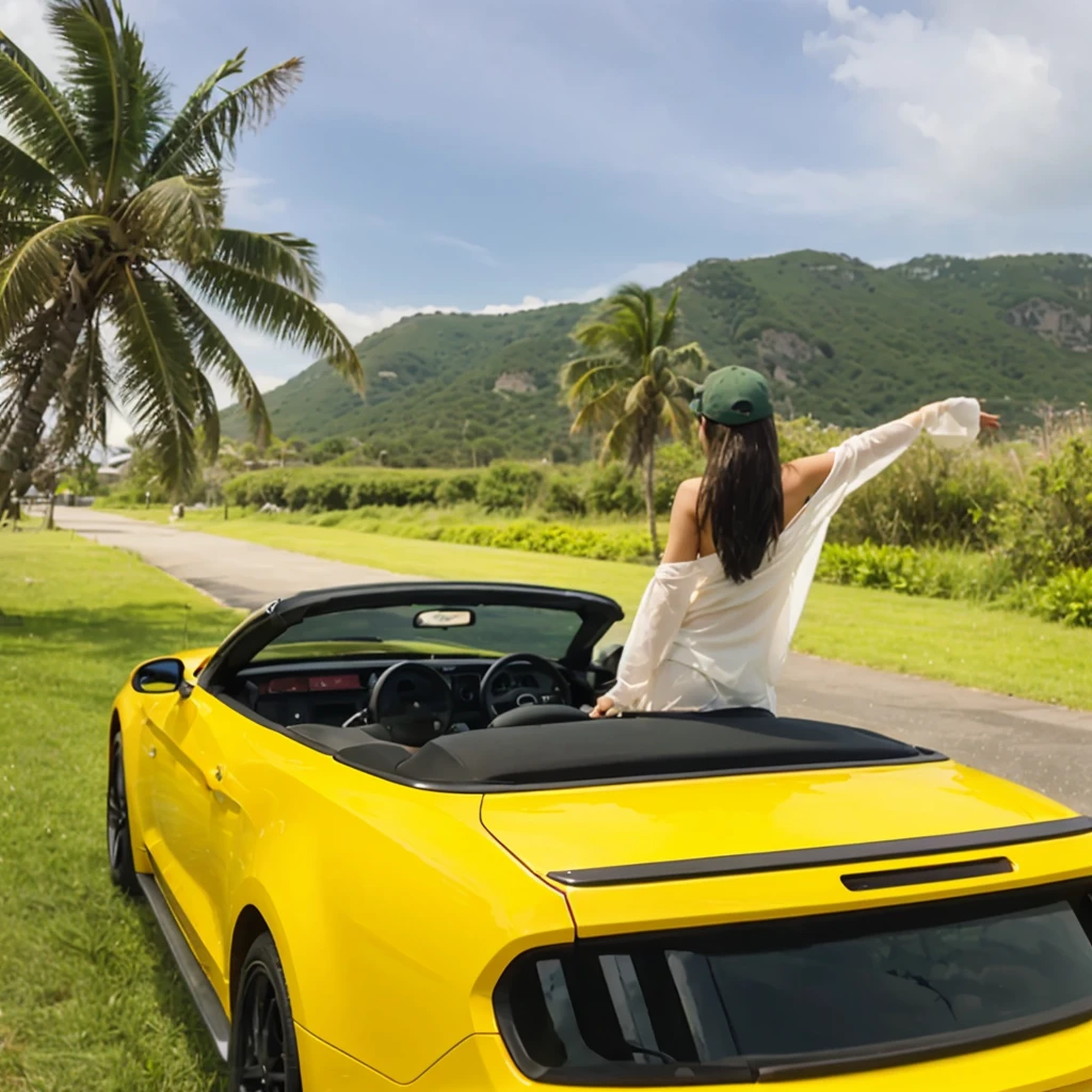 seaside,Vacation,A girl in a skirt,pink roadster,Back