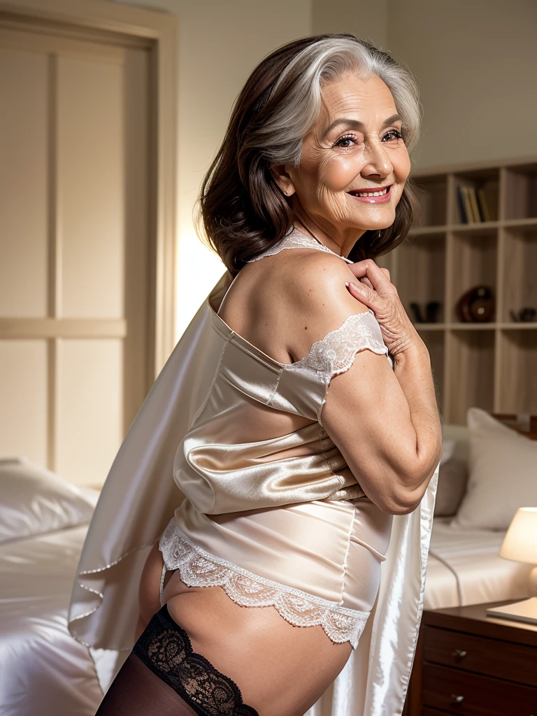 Mature old woman 80 years with brown hair, plus size, old face and body with many wrinkles, smiling, loose skin, standing at bedroom posing for photo, She wearing satin white robe and black lace stockings, side view. jaw dropping mature older beauty, old face and body with wrinkles, old face, attractive grandma, a gorgeous old hair, beautiful old grandma, lovely older mature grandma, gorgeous beautiful grandma over 80 years old, beautiful brown hair grandma, beautiful detailed body and face, a beautiful old granny
