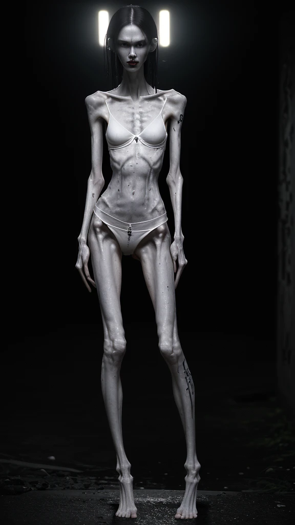 a very thin woman, extremely emaciated body, visible bones, extremely slender, pale white skin, sweaty wet body, wearing only panties and bra, full body tattoos, having a mental breakdown in an underground prison, hyper realistic, cinematic lighting, 8k, masterpiece, dramatic, dark moody atmosphere