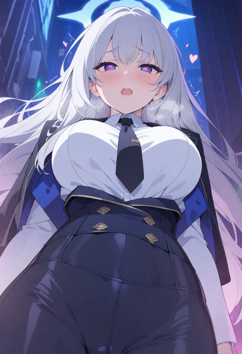 (Highest quality), (High resolution), (masterpiece), (Super detailed), Silver Hair, Long Hair, Blue and purple eyes, Blue Archive Art Style, One girl, Silky skin, Shiny skin, An athletic body, blush, Heavy breathing, chest, (Fantasy style clothing, Black long coat, White shirt, Black tie, Black trousers, My crotch is wet), View from below, (Bright saturation), Dripping love juice, Heart Pupil, (大きなchest:1.1), Expression of pleasure, Trembling with sexual climax, Heavy breathing, Night Alley