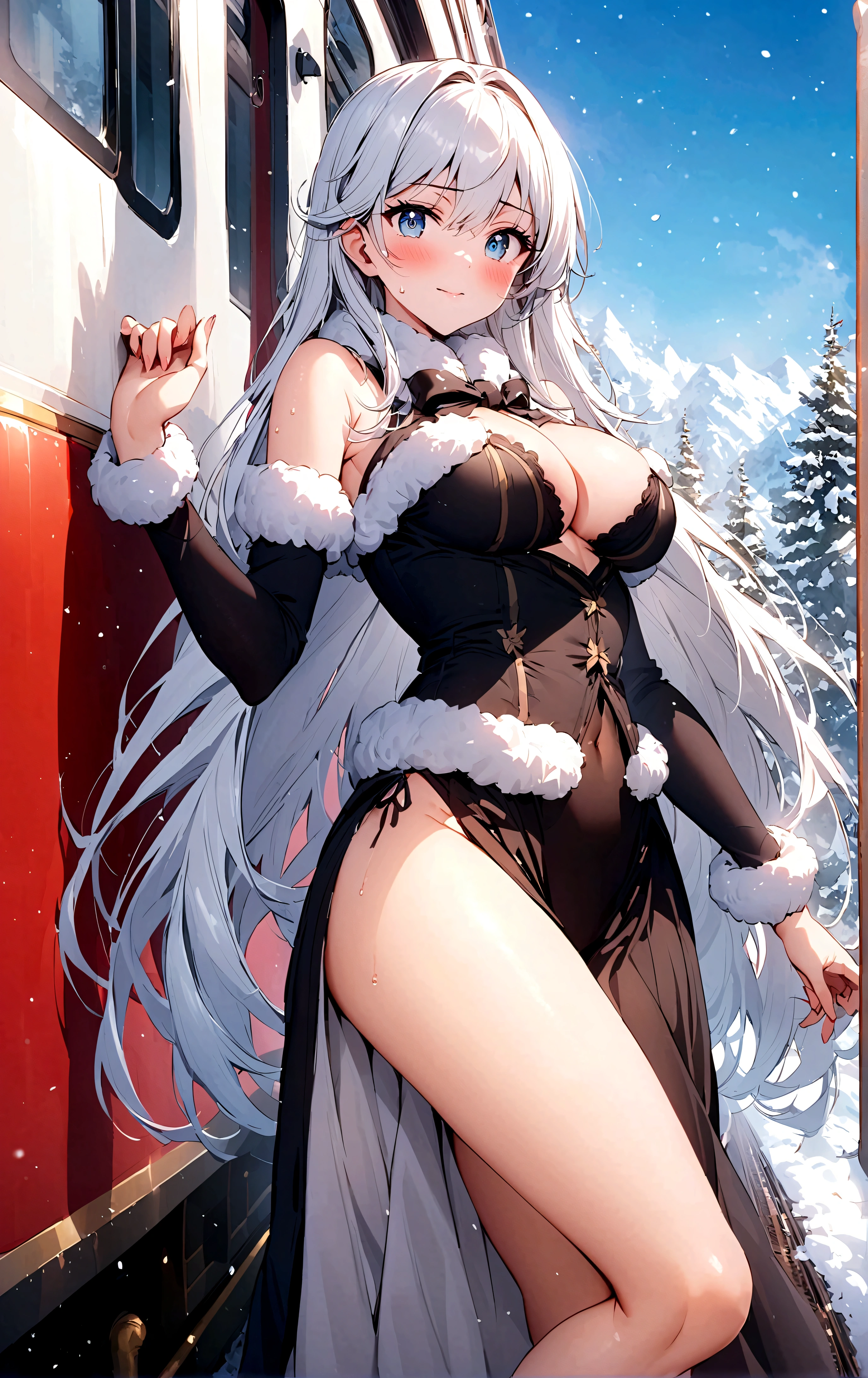 winter，Fur collar，one person，Snow Country，Long hair，Sexy，blush，train