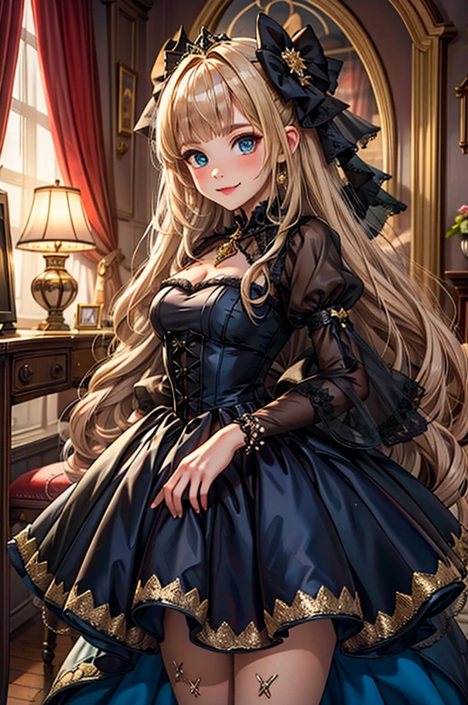 prompt: 8K resolution, Delicate features, , single, Unique pupils, smile, blonde, Princess Cut, Ribbon hair ornament, brooch, Shiny candy blue dress, Gold embroidery,Lolita Style, Gothic style, Facing the audience, Otaku Room, Female demon