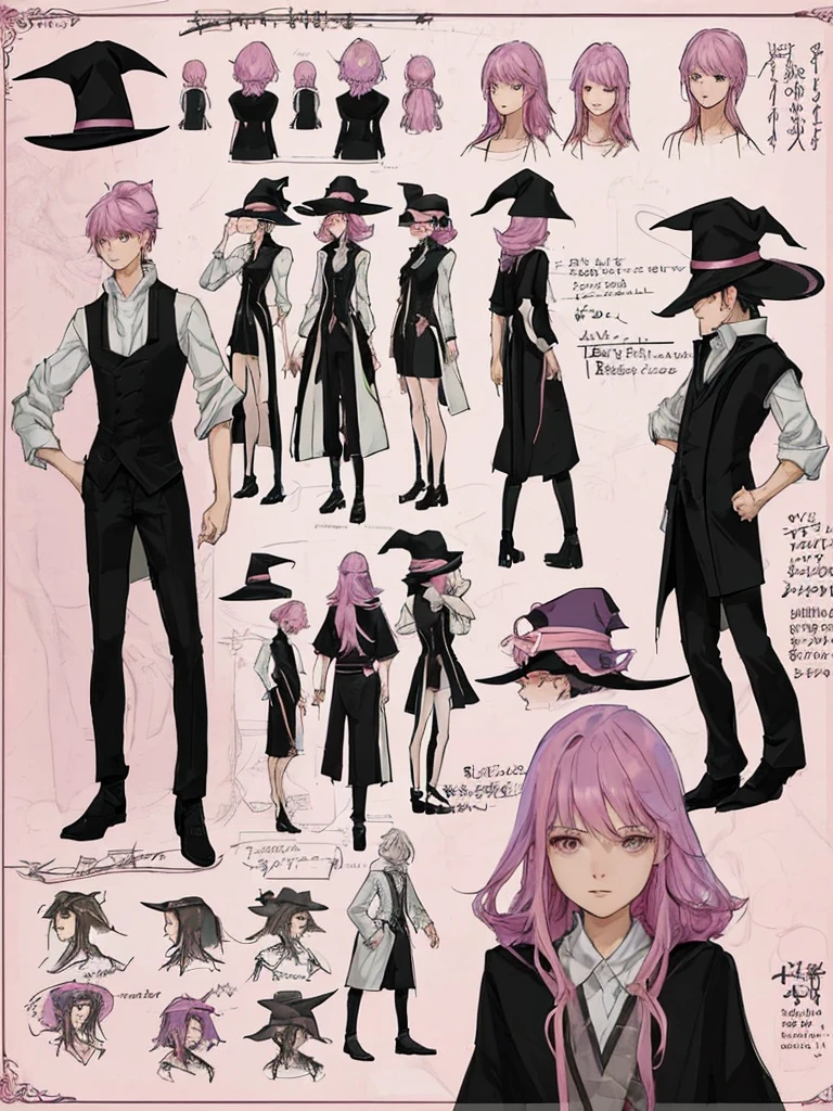 best quality, character design sheet, reference sheet, No hat on, Black and pink hair, whole body, Head to Toe, No hat on, Wizard's Workshop Background, No hat on, front, Beautiful black dress, Black hair with pink inner color, whole body, Pure white background, from front, best quality, Beautiful black dress, Standing pose