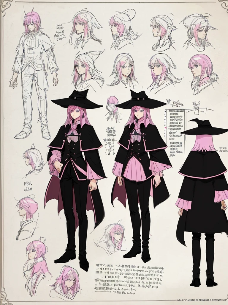 best quality, character design sheet, reference sheet, No hat on, Black and pink hair, whole body, Head to Toe, No hat on, Wizard's Workshop Background, No hat on, front, Beautiful black dress, Black hair with pink inner color, whole body, Pure white background, from front, best quality, Beautiful black dress, Standing pose